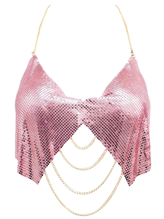 Women Metallic Sequin Tank Tops Shiny Backless Glitter Halter Sparkle Body Chain Bra Chainmail Sleeveless Rhinestone Cami Crop Rave Outfit Rose Gold M for Valentine's Day