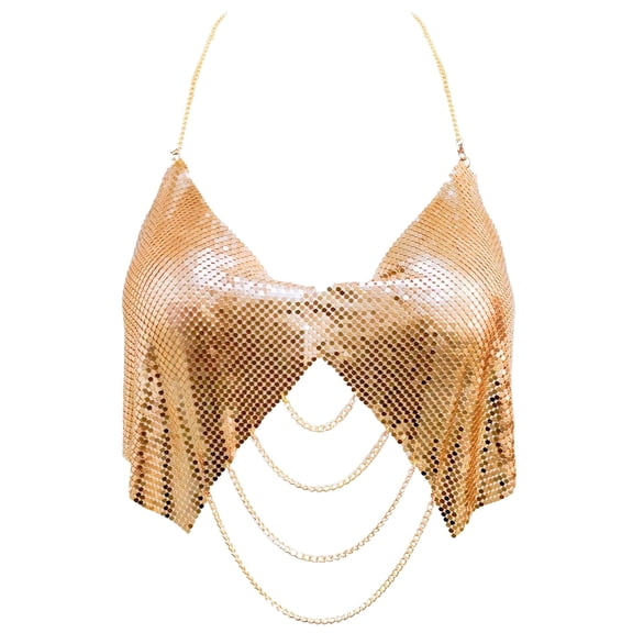 Aivtalk Women Metallic Sequin Tank Tops Shiny Backless Glitter Halter Sparkle Body Chain Bra Sleeveless Chainmail Rhinestone Cami Crop for Carnival Festival Rave Disco Gold L for Valentine's Day