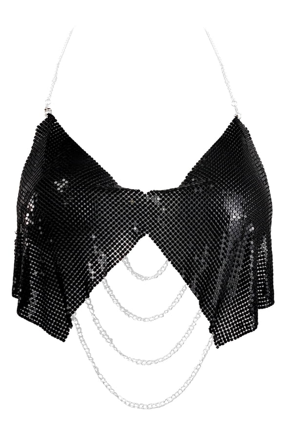 Women Metallic Sequin Tank Tops Shiny Backless Glitter Halter Sparkle Body Chain Bra Sleeveless Chainmail Rhinestone Cami Crop for Carnival Festival Rave Disco Black L for Valentine's Day