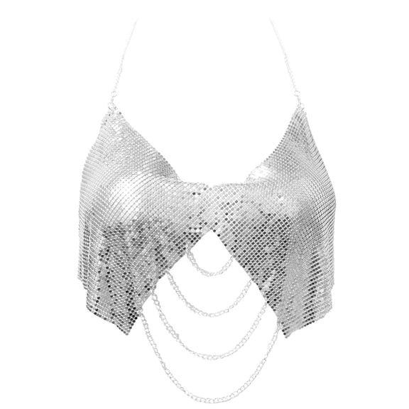 Aivtalk Women Metallic Sequin Tank Tops Shiny Backless Glitter Halter Sparkle Body Chain Bra Sleeveless Chainmail Rhinestone Cami Crop for Carnival Festival Rave Disco Silver L for Valentine's Day