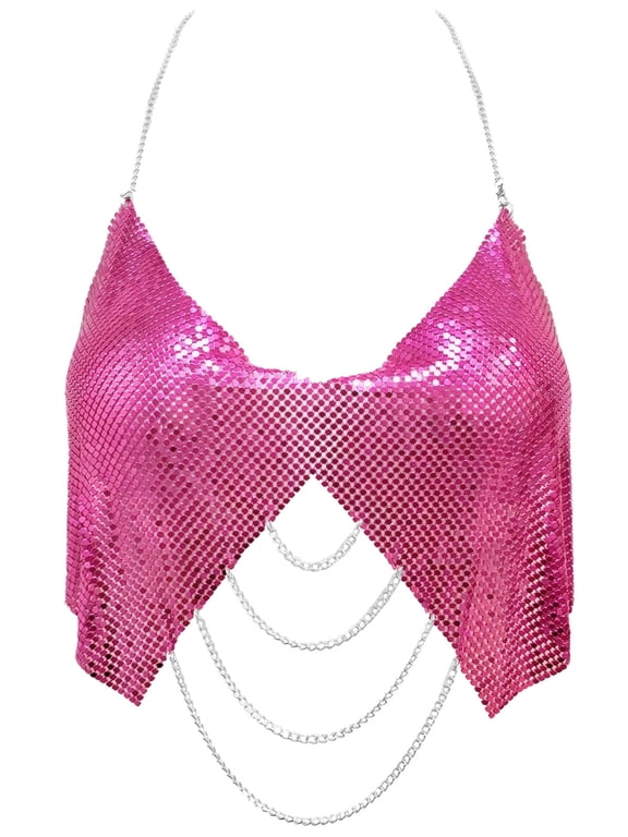 Women Metallic Sequin Tank Tops Shiny Backless Glitter Halter Sparkle Body Chain Bra Sleeveless Chainmail Rhinestone Cami Crop for Carnival Festival Rave Disco Rose Red L for Valentine's Day