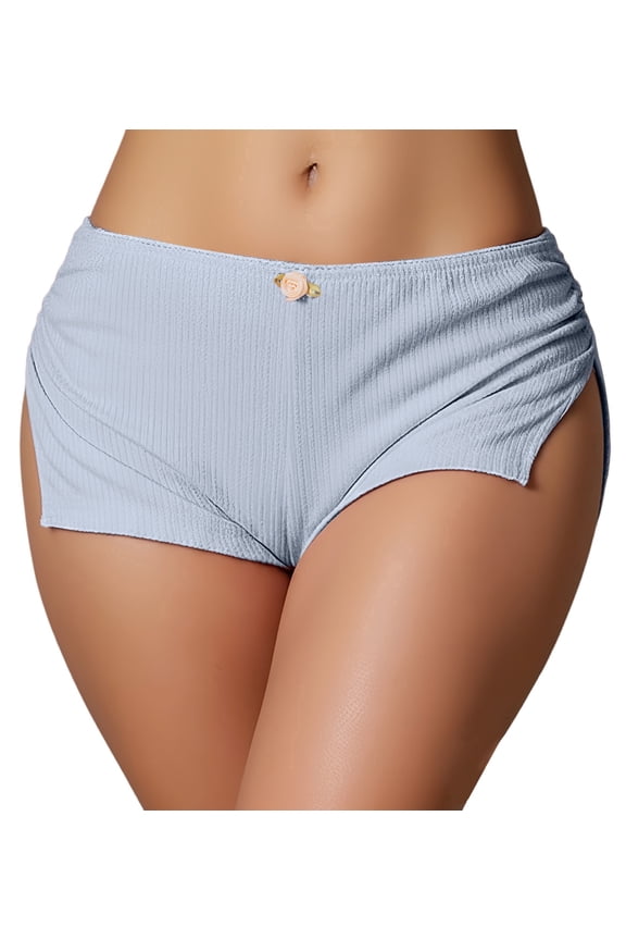 Women Micro Booty Shorts Cheeky Ribbed Knit Lounge Shorts Low Waist Side Slit Pj Bottom Y2k Mini Sleepwear Shorts M Blue
