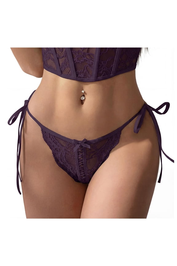Women Side Tie Panties Bowknot Lace Wavy Thongs Panties Adjustable Wild G-String Underwear Low Rise See Through Panties S Purple