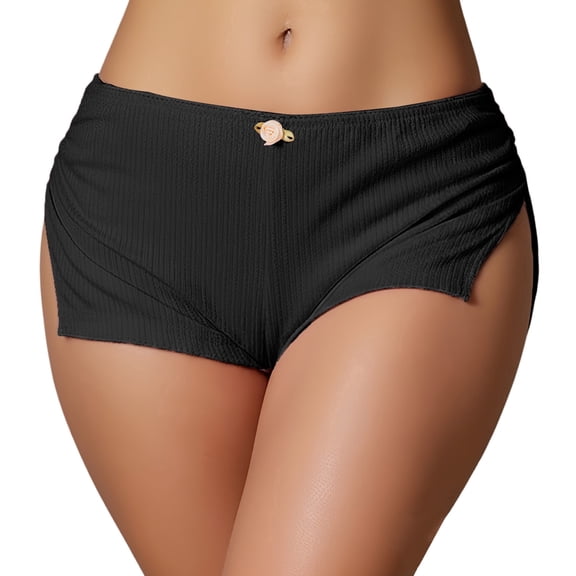 Aivtalk Women Y2K Low Rise Booty Shorts Ribbed Knit Side Slit Lounge Pajama Shorts Stretch Cheeky Sleepwear S Black