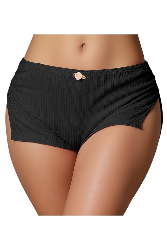 Women Y2K Low Rise Booty Shorts Ribbed Knit Side Slit Lounge Pajama Shorts Stretch Cheeky Sleepwear S Black