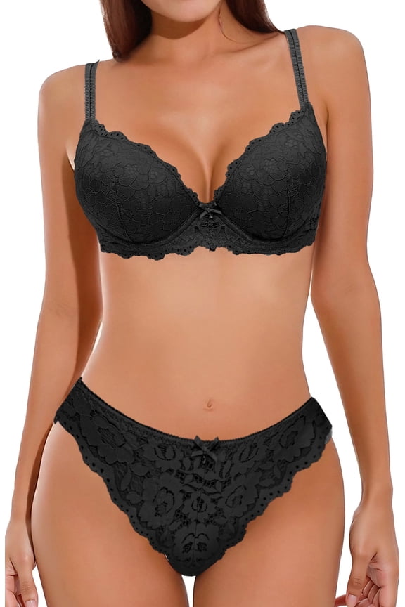 Women's 2 Piece Lace Underwire Bra and Panty Sets Lingerie Set Push Up Padded Bras Comfort Matching Underwear Black 75C for Valentine's Day
