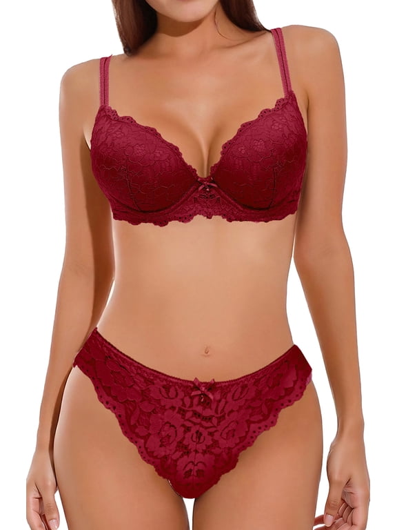 Women's 2 Piece Lace Underwire Bra and Panty Sets Lingerie Set Push Up Padded Bras Comfort Matching Underwear Burgundy 75A