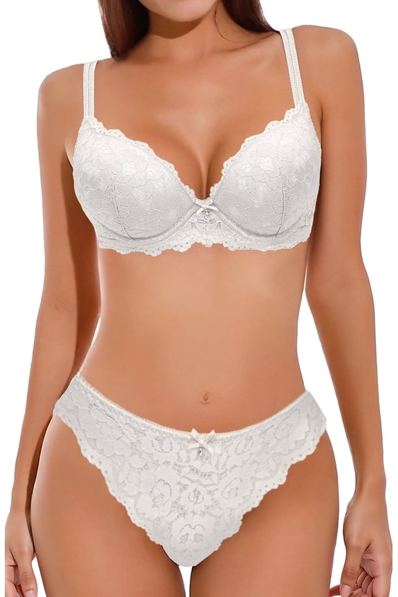 Women's 2 Piece Lace Underwire Bra and Panty Sets Lingerie Set Push Up Padded Bras Comfort Matching Underwear White 75B for Valentine's Day