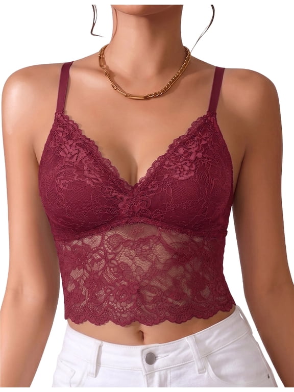 Women's Deep V-Neck Lace Bralette, Wireless Soft Camisole Tank Top, Adjustable Straps Breathable Everyday Layering Undergarment Burgundy L