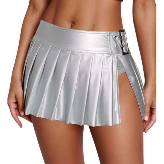 Aivtalk Women's Faux Leather Pleated Mini Skirt Built in Panties Split Side Y2K A Line Micro Skirts Low Rise Metallic Shiny Outfits Rave Party Clubwear Silver S