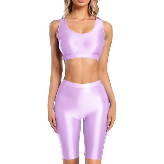 Aivtalk Women's Glossy Racerback Crop Tank Top Shorts Set Shiny Outfit Slim Fitted for Disco Party Club Gym Yoga Workout M Purple
