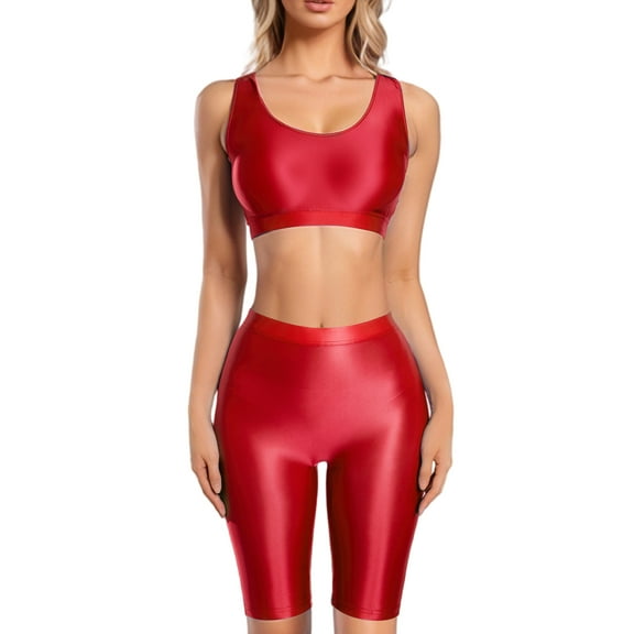 Aivtalk Women's Glossy Racerback Crop Tank Top Shorts Set Shiny Outfit Slim Fitted for Disco Party Club Gym Yoga Workout M Red