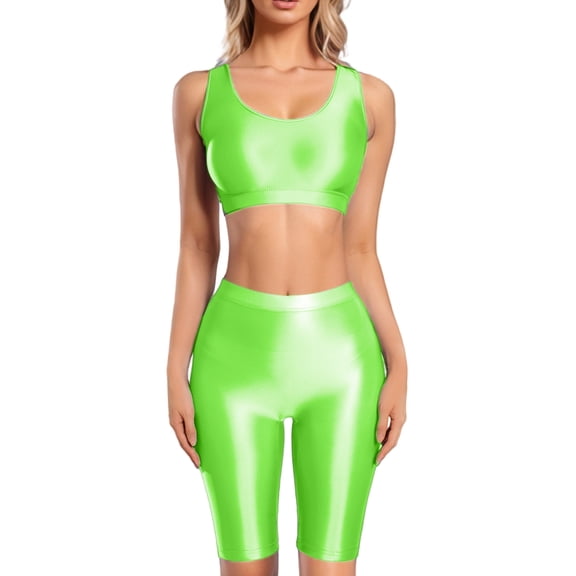 Aivtalk Women's Glossy Workout Outfit Racerback Crop Tank Top Shorts Set Shiny Slim Fitted for Disco Party Club Gym Yoga L Green