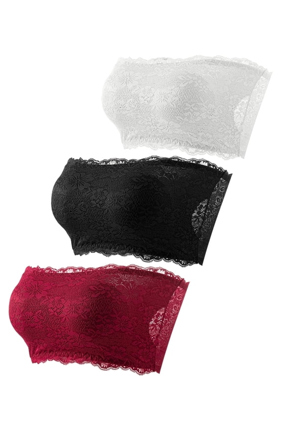 Women's Lace Tube Top Bra Floral Bandeau Bras Seamless Strapless Padded Bandeau Wireless Bandeau Bralette 3 Pieces Multicolor M
