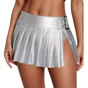 Aivtalk Womens Mini Skirt Pleated PU Leather Micro Skirts Built in Panties Split Side Y2K Metallic Shiny Low Rise Outfits Rave Party Clubwear Silver L for Valentines Day Birthday Gifts