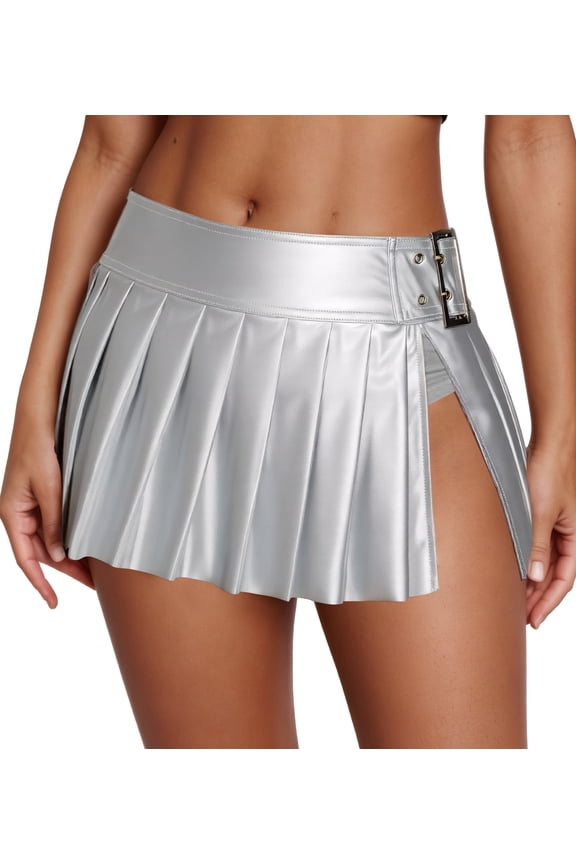 Women's Mini Skirt Pleated PU Leather Micro Skirts Built in Panties Split Side Y2K Metallic Shiny Low Rise Outfits Rave Party Clubwear Silver L for Valentine's Day Birthday Gifts