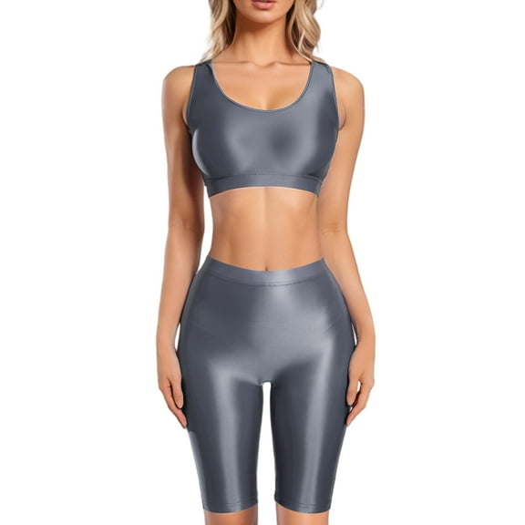 Aivtalk Women's Oil Glossy Racerback Crop Tank Top Sets Shiny Short Slim Fitted for Disco Party Club Gym Yoga Workout S Gray