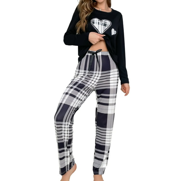 Aivtalk Women's Pajama Sets Long Sleeve 2 Piece Pullover Tops and Plaid Pants Fall Ladies Pjs Set Soft Print Loungewear Sleepwear Black XL