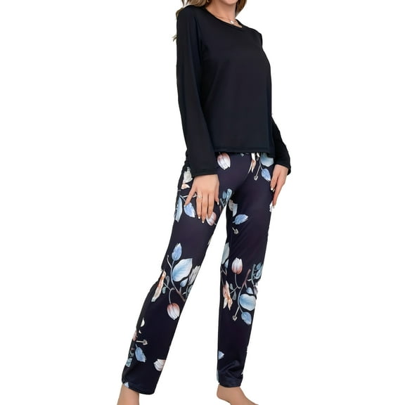 Aivtalk Women's Pajama Sets Long Sleeve 2 Piece Pullover Tops and Plaid Pants Fall Ladies Pjs Set Soft Print Loungewear Sleepwear Black XL