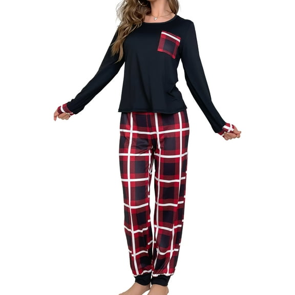 Aivtalk Women's Pajama Sets Long Sleeve 2 Piece Pullover Tops and Plaid Pants Fall Ladies Pjs Set Soft Print Loungewear Sleepwear Black XL
