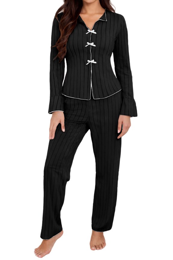 Women's Pajama Sets Long Sleeve 2 Piece Top and Pants Fall Ribbed Button Down Ladies Pjs Set Bow Knit Soft Loungewear Sleepwear Black XL