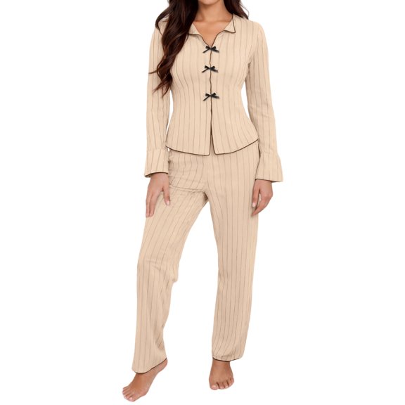 Aivtalk Women's Pajama Sets Long Sleeve 2 Piece Top and Pants Fall Ribbed Button Down Ladies Pjs Set Bow Knit Soft Loungewear Sleepwear White XL