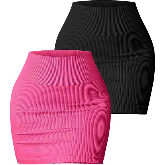 Aivtalk Women's Pencil Skirt High Waisted Short Basic Bodycon Mini Skirt Stretchy Ribbed Knit Fitted Skirt 2 Packs for Y2K Rave Party S