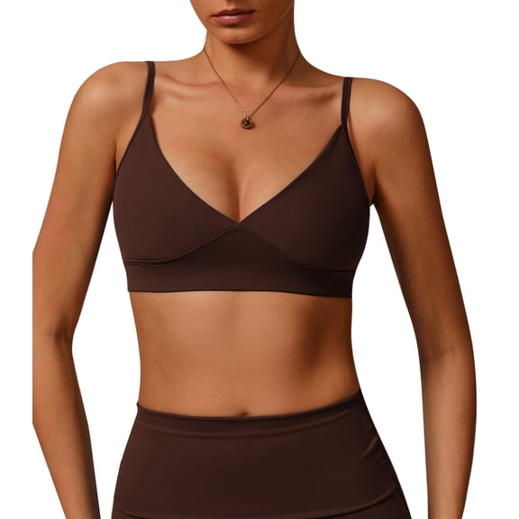 Aivtalk Women's Sports Bras Wireless Adjustable Spaghetti Strap Padded Bralettes Seamless V Neck Bras Basic Workout Crop Top Yoga Camisole Brown L