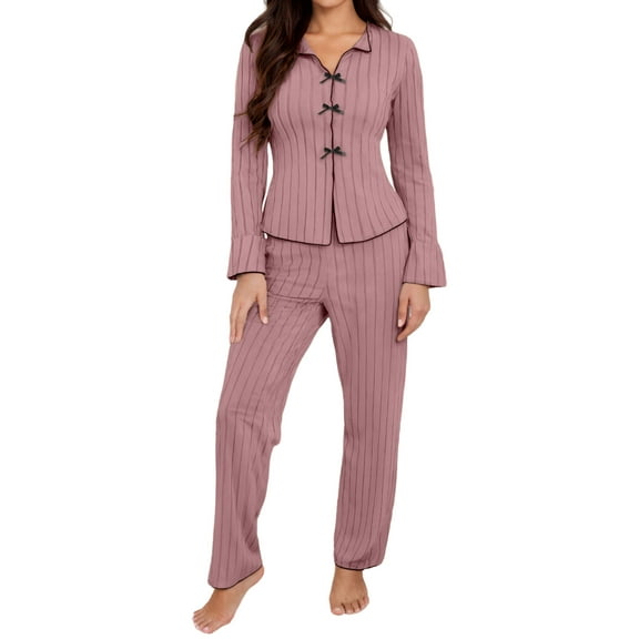 Aivtalk Womens 2 Piece Pajama Sets Long Sleeve Fall Ribbed Sleepwear Top and Pants Button Down Bow Knit Soft Ladies Pjs Set Loungewear Lotus Root Pink L