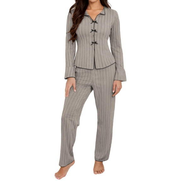 Aivtalk Womens 2 Piece Pajama Sets Long Sleeve Fall Ribbed Sleepwear Top and Pants Button Down Bow Knit Soft Ladies Pjs Set Loungewear Gray S