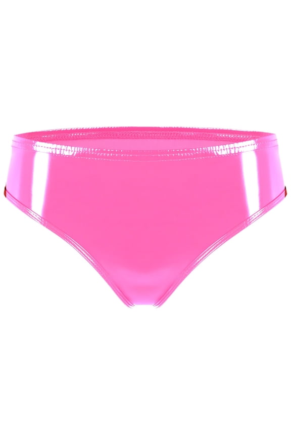 Womens Booty Shorts PU Leather Panties Wet Look Brief Shiny Metallic Bikini Panty Stretchy High Cut Low Rise Rave Bottom for Festival Clubwear Dancing Pink 3XL