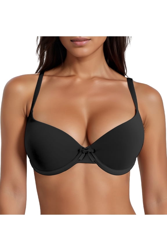 Womens Bras Full Coverage T-Shirt Bra Underwire One Fab Fit Push Up Lingerie Dreamwire Lingerie Lightly Lined Cups up to H Smoothing Comfort Plus Size Bra Black 75D