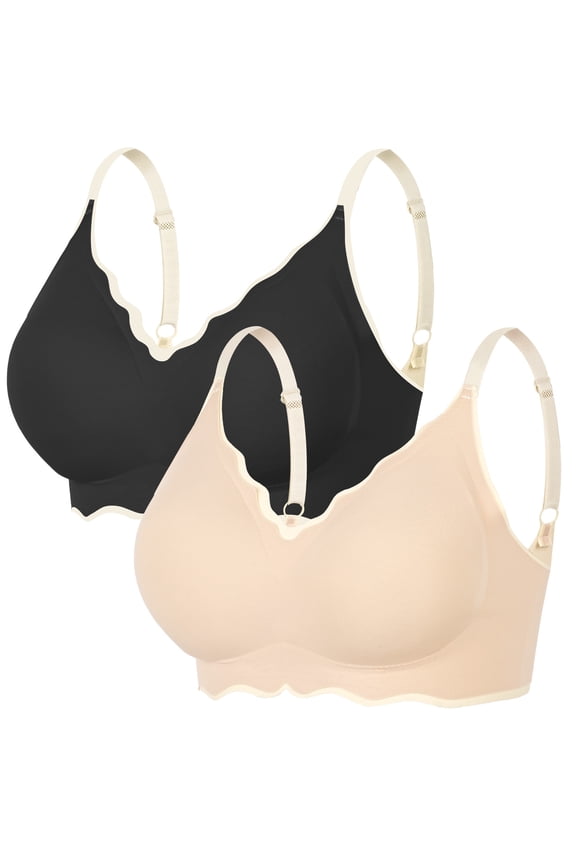 Womens Bras Seamless Wireless Bralettes Supportive Full Coverage Adjustable Straps No Underwire Bra Padded Smoothing Scalloped Wavy Everyday Tshirt Bras 2pc Black&Nude XL