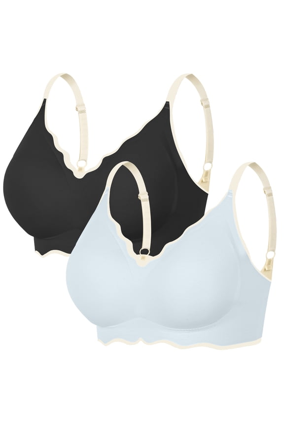Womens Bras Seamless Wireless Bralettes Supportive Full Coverage Adjustable Straps No Underwire Bra Padded Smoothing Scalloped Wavy Everyday Tshirt Bras 2pc Black&Light blue XL