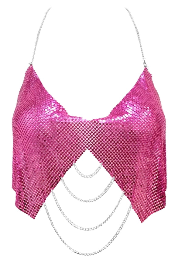 Womens Chainmail Tanks Metallic Sequin Tops Sparkle Backless Shiny Halter Glitter Body Chain Bra Rhinestone Camis Crop for Rave Festival Disco EDM Party Rose Red S for Valentine's Day