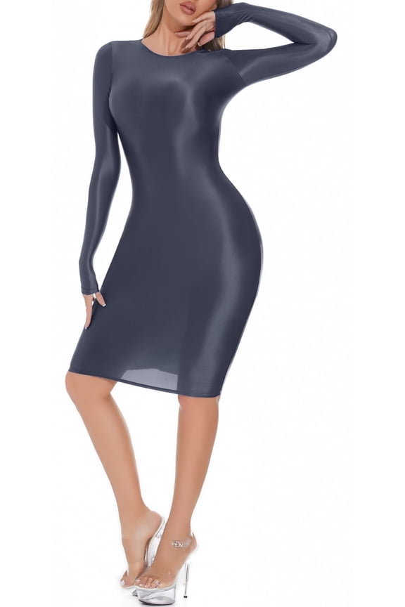 Womens Dress Bodycon Oil Glossy Dresses Shiny Metalic Liquid Seamless Smooth Tight Pencil Dress Stretchy Full Body Long Sleeve Nightwear for Club Party Gray M for Valentine's Day Gifts