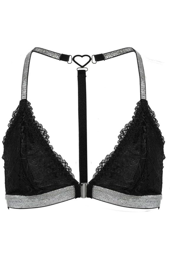 Womens Front Closure Bralettes Lace Racerback Triangle Bras Ladies Wireless Sparkly Bedazzled Lightly Lined Lingerie Black XS