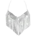 thumbnail image 1 of Aivtalk Womens Halter Tops Sparkly Tassel Metallic Crop Tank Backless Rhinestone Sequin Body Chain Vest Adjustable V Neck Cami Shirt Clubwear Rave Outfit with a pair of Sticky Bra Silver, 1 of 6