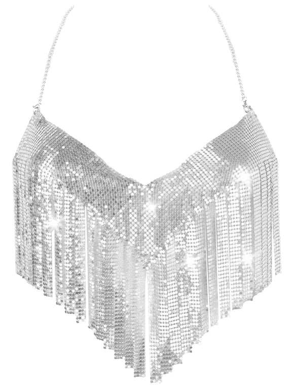 Womens Halter Tops Sparkly Tassel Metallic Crop Tank Backless Rhinestone Sequin Body Chain Vest Adjustable V Neck Cami Shirt Clubwear Rave Outfit with a pair of Sticky Bra Silver