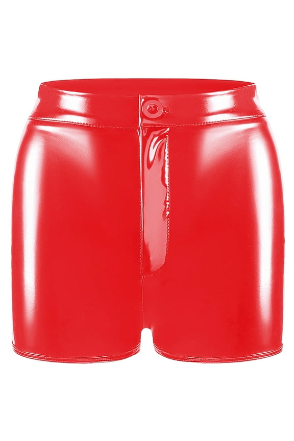 Womens Hot Short Pants PU Leather Booty Shorts Shiny Metallic Bottoms High Waisted Straight Leg Boyshort Panties Casual Streetwear Red XL