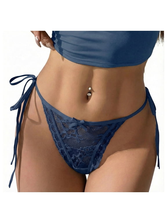 Womens Lace Panties Side Tie Ladies Adjustable G-String Underwear See Through Panties Low Rise Wild Panty with Bow L