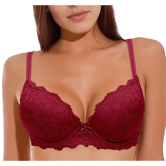 Aivtalk Womens Lace Push Up Bras Padded Underwire Bra Comfort Brassiere Plunge Support Adjustable Straps Puls Size Lingerie Burgundy 80A