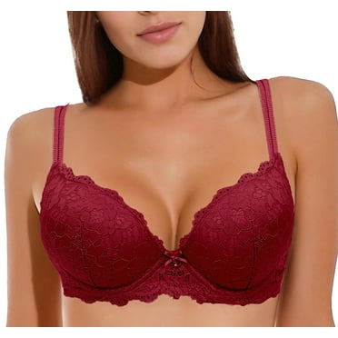 Aivtalk Womens Lace Push Up Bras Padded Underwire Bra Comfort Brassiere Plunge Support Adjustable Straps Puls Size Lingerie Burgundy 85C