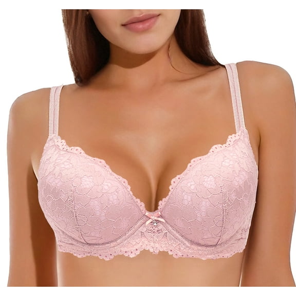 Aivtalk Womens Lace Push Up Bras Padded Underwire Bra Comfort Brassiere Plunge Support Adjustable Straps Puls Size Lingerie Pink 85C