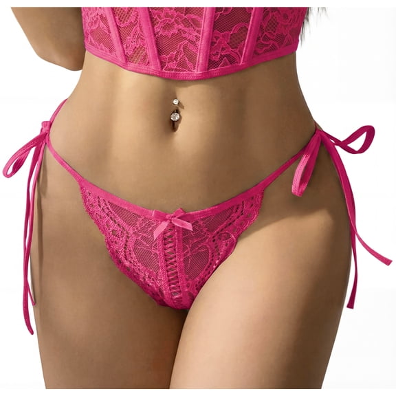 Aivtalk Womens Lace Wavy Panties Side Tie Ladies Adjustable G-String Underwear See Through Panties Low Rise Wild Panty with Bow L Rose Red