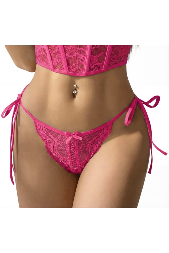 Womens Lace Wavy Panties Side Tie Ladies Adjustable G-String Underwear See Through Panties Low Rise Wild Panty with Bow L Rose Red