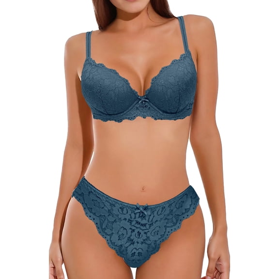 Aivtalk Womens Lingerie Set Lace Bra and Panty Sets Underwire Push Up Padded Bras Comfort Matching Underwear 2 Piece Dark Green 80C