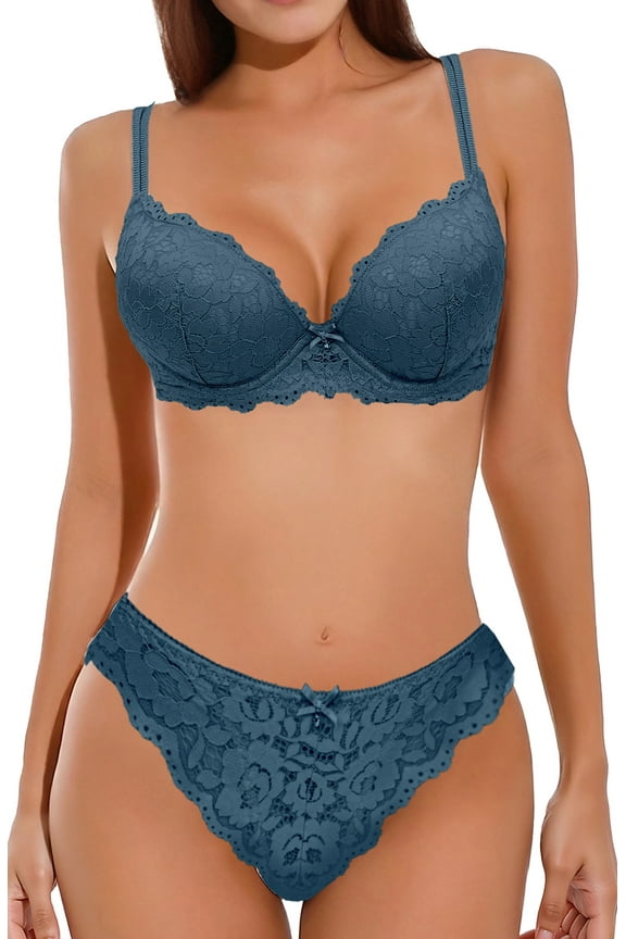 Womens Matching Bra and Panty Lingerie Set Floral Lace Push Up Padded Underwire Bras Comfort Matching Underwear 2 Piece Dark Green 80B