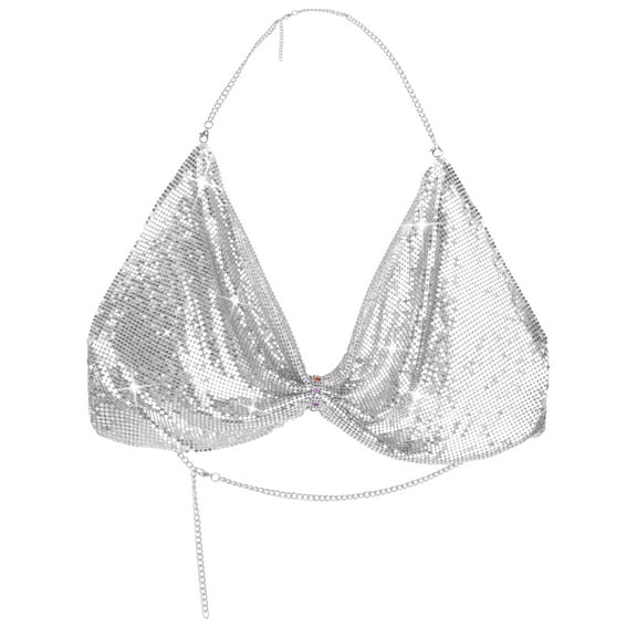 Aivtalk Womens Metallic Sparkly Halter Chain Top Glitter Sequin Crop Tank Adjustable Backless Cami Shirt V Neck Vest Festival Rave Club Outfits with a pair of Sticky Bra Silver L