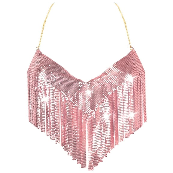 Aivtalk Womens Metallic Sparkly Halter Fringe Chain Top Glitter Sequin Crop Tank Adjustable Backless Cami Shirt V Neck Vest Festival Rave Club Outfits with a pair of Sticky Bra Rose gold